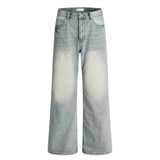 Harajuku Style Washed Denim Trousers - Men's Faded White Wide-Leg Pants