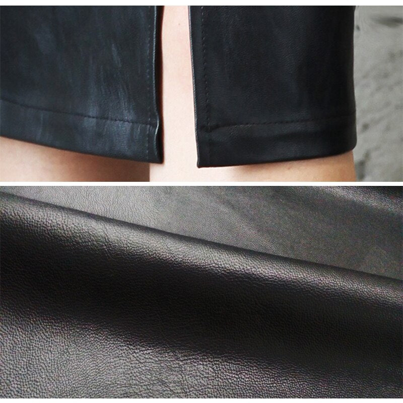 Black  Leather Midi Skirt for Women - Sexy High Waist Bodycon Split Pencil Skirt, Knee Length, Plus Size