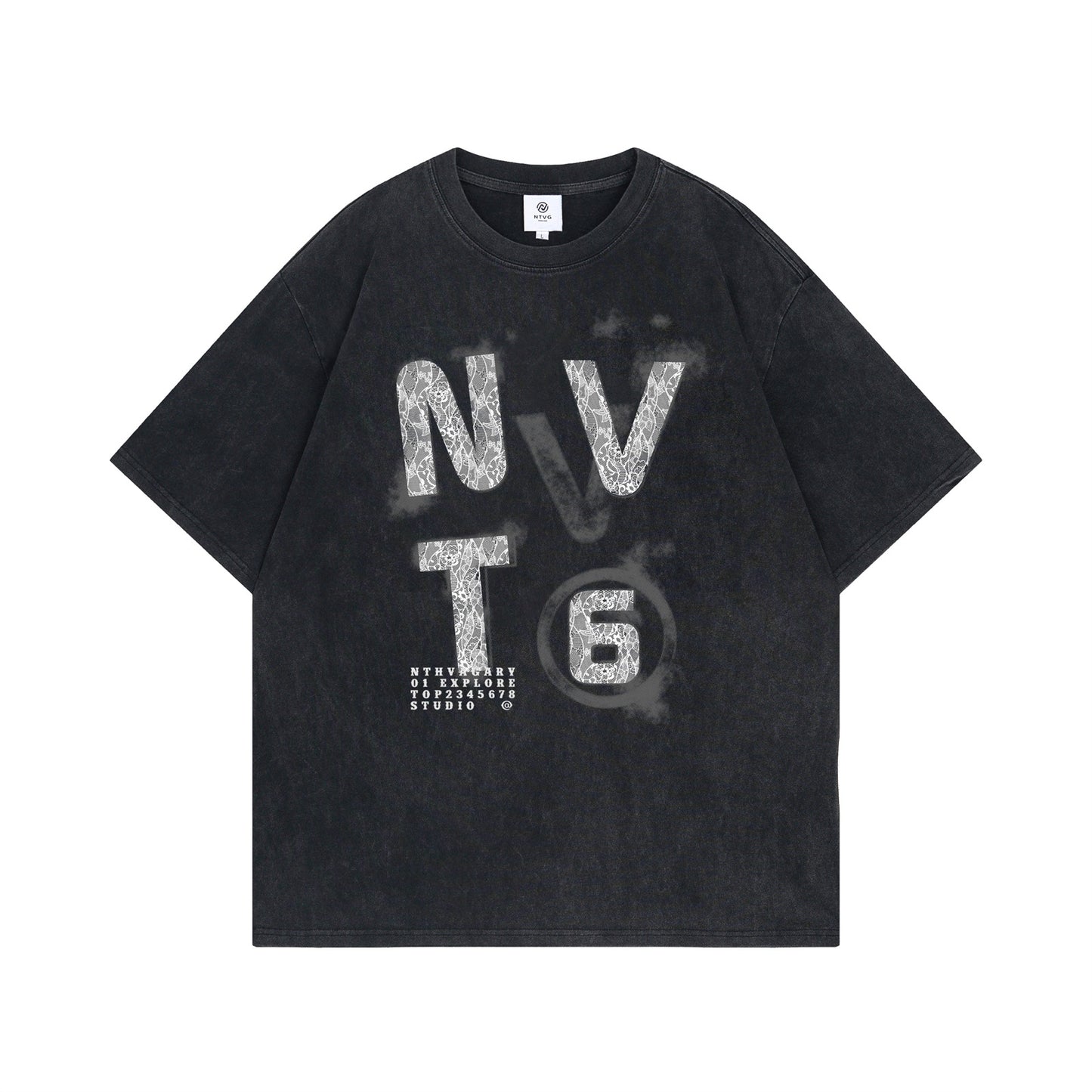 Salt-Washed Lace Letter Print T-Shirt - Unisex Summer Style