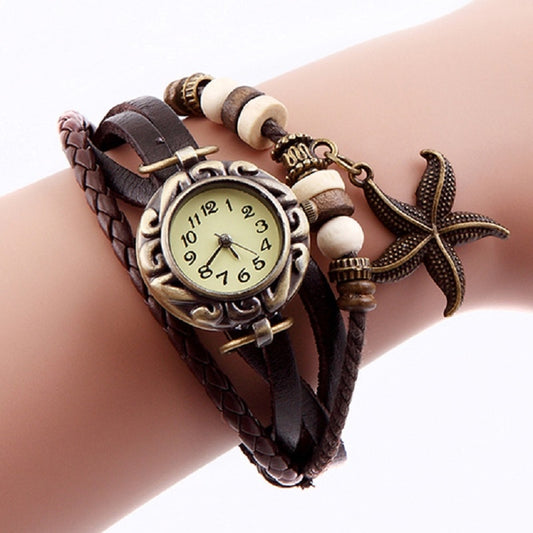 Lady Starfish Retro Bracelet Watch - Genuine Leather Wrap