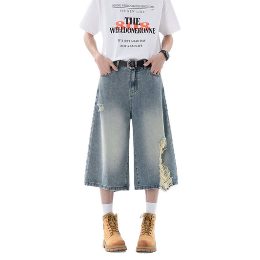 Men's Ripped Denim Cropped Pants - Harajuku Style