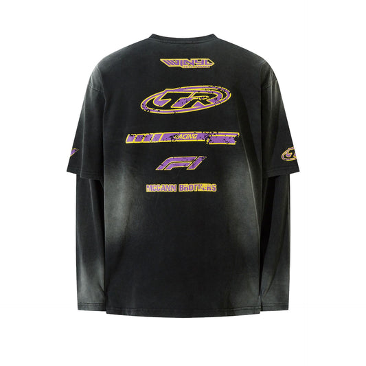 Fake Two Water Washed Spray Horse Willow Printed Long Sleeve T-shirts