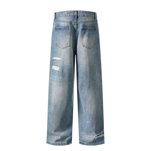 Washed Patch Cat Whisker Splatter Ink Design Jeans