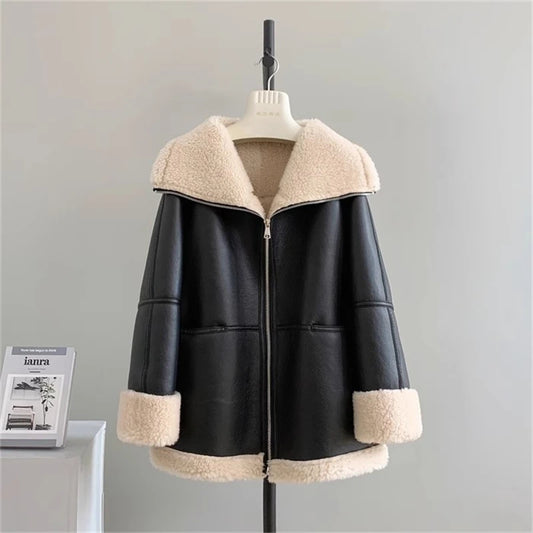 Playful Cashmere Collar Leather Jacket for Women