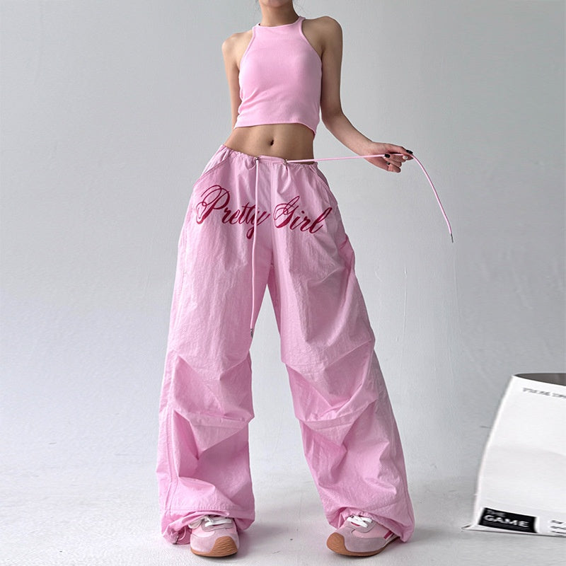 Harajuku Style Printed Pleated Paratrooper Wide Leg Pants