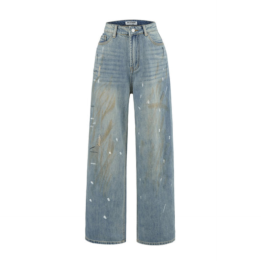 High-Waisted Distressed Wide-Leg Denim Trousers