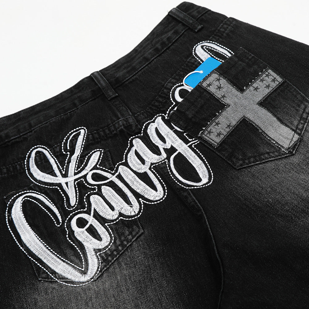 Trendy Embroidered Loose-Fit Curved Knife Jeans for Men