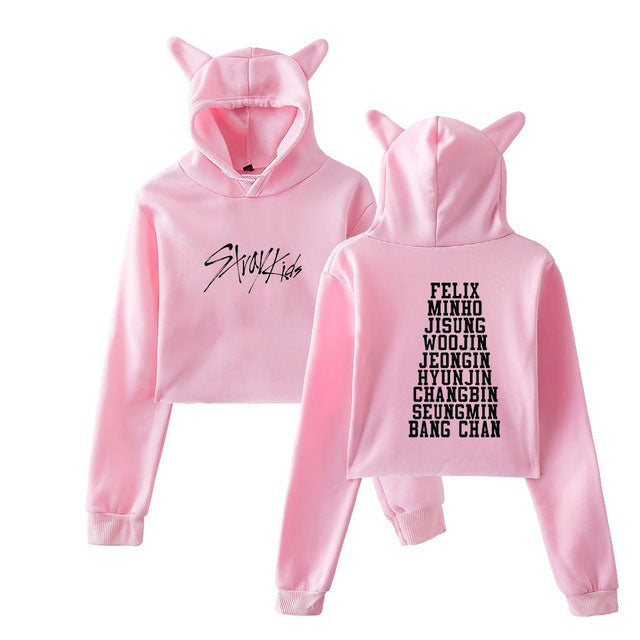 Kawaii Cat Ears StrayKids Cropped Hoodie for Women
