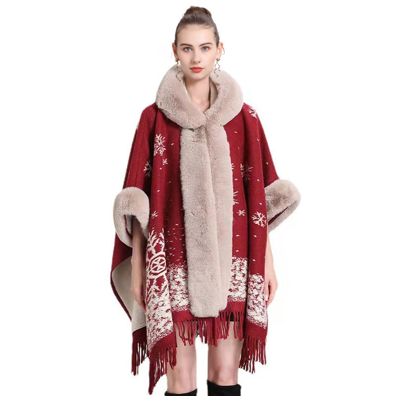 Poncho with Fleece Lining - Thick Knitted Hooded Shawl Featuring Fur Collar and Tassels