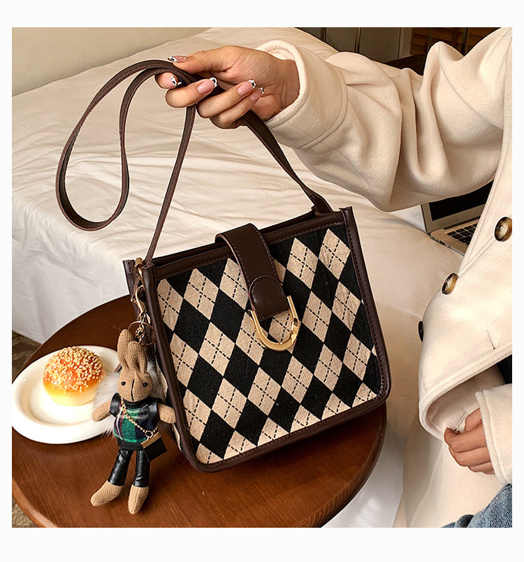 Harajuku Style Checkerboard Shoulder Bag with Fun Accessories