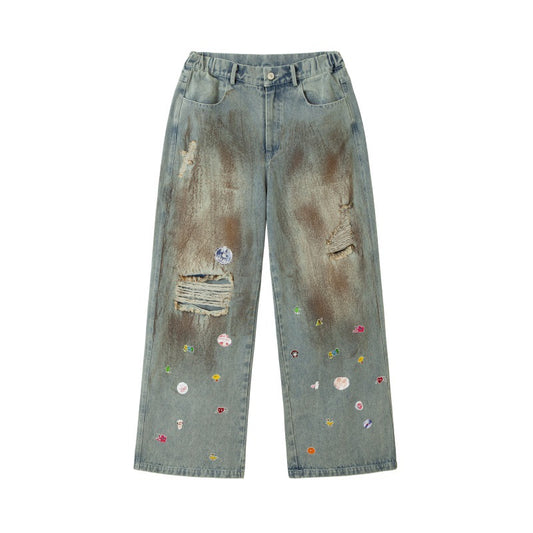 Vintage Distressed Splashed Ink Ripped Jeans