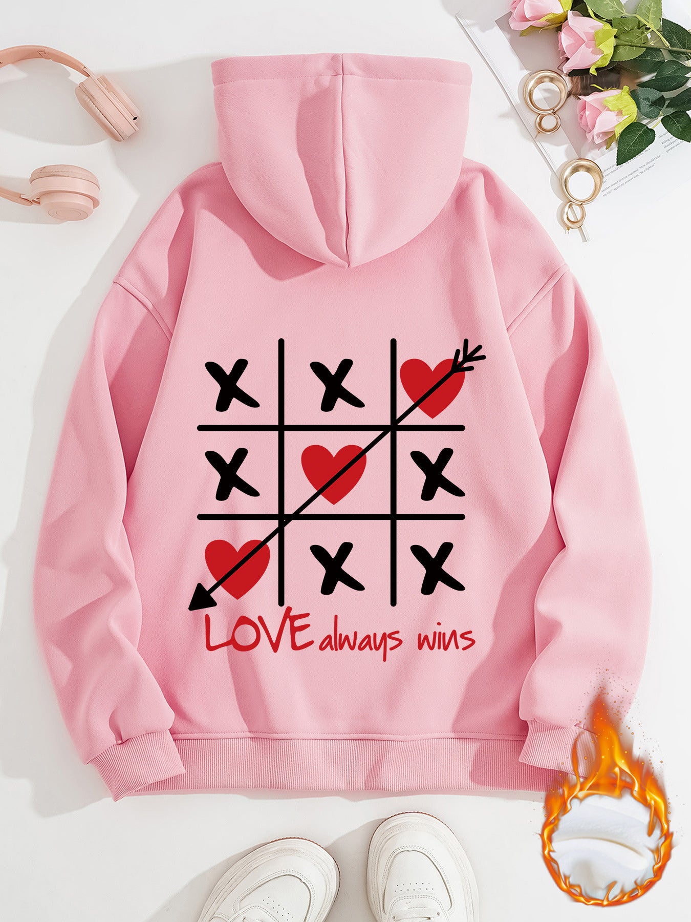 Thick Fleece Hoodie with Love Design