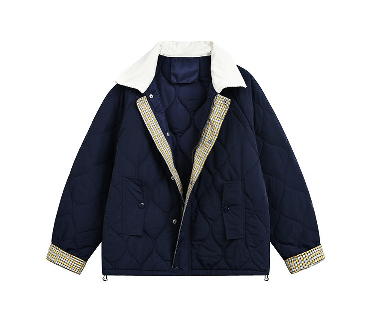 Flip Collar Diamond Grid Thick Warm Short Jacket