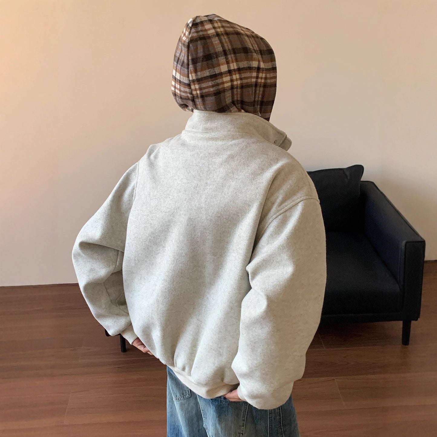 Plaid Faux Two-Piece Hooded Cotton Coat for Men and Women - Padded Loose Casual Wool Blend Jacket