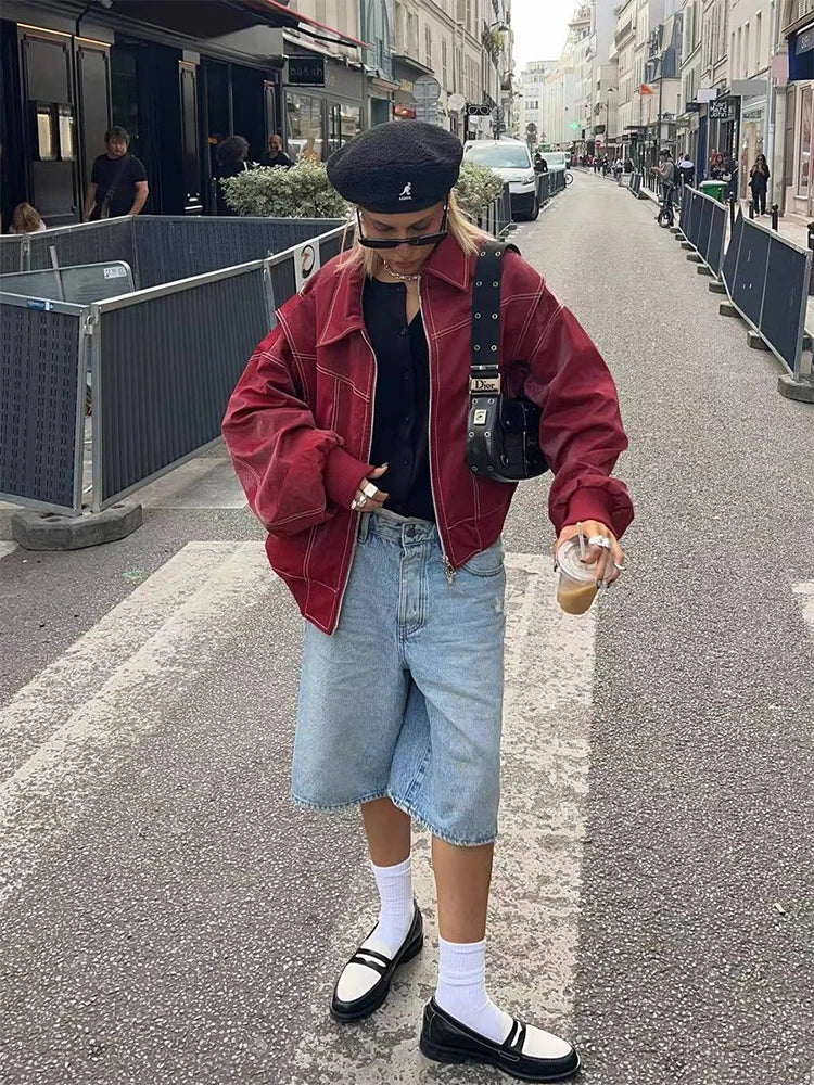 Faux Leather Oversized Bomber Jacket for Women