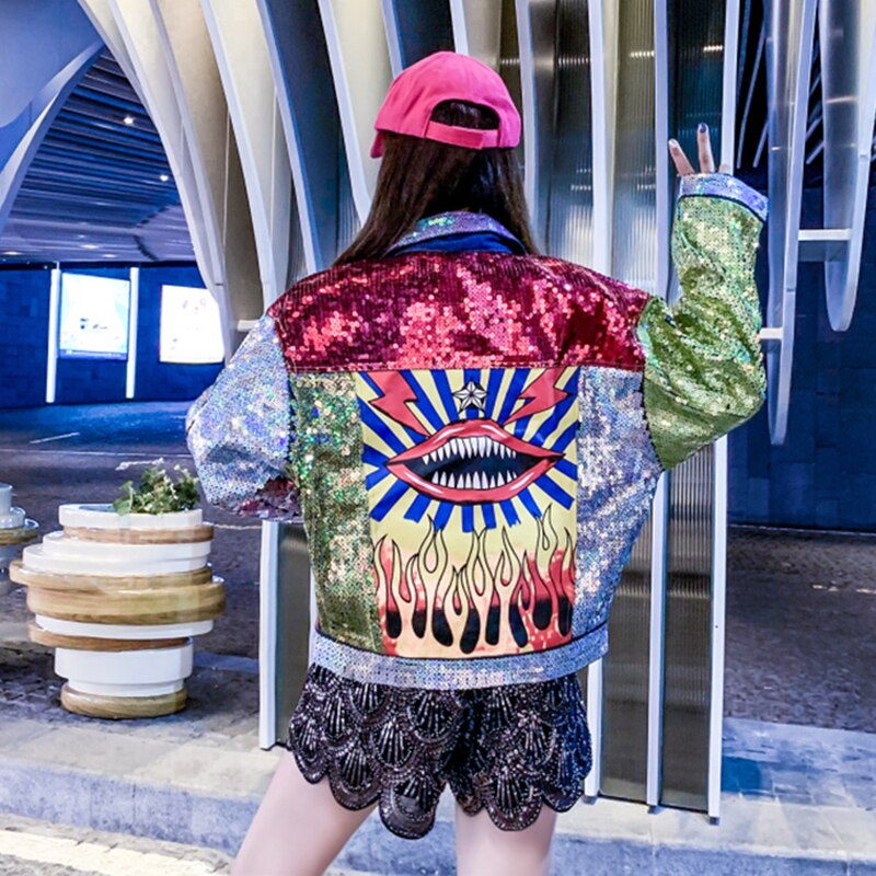 Harajuku Style Sequined Denim Jacket with Patchwork