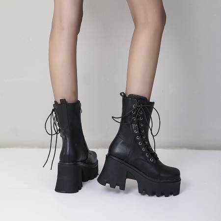 Lace-Up Chunky High-Heeled Platform Women's Short Boots
