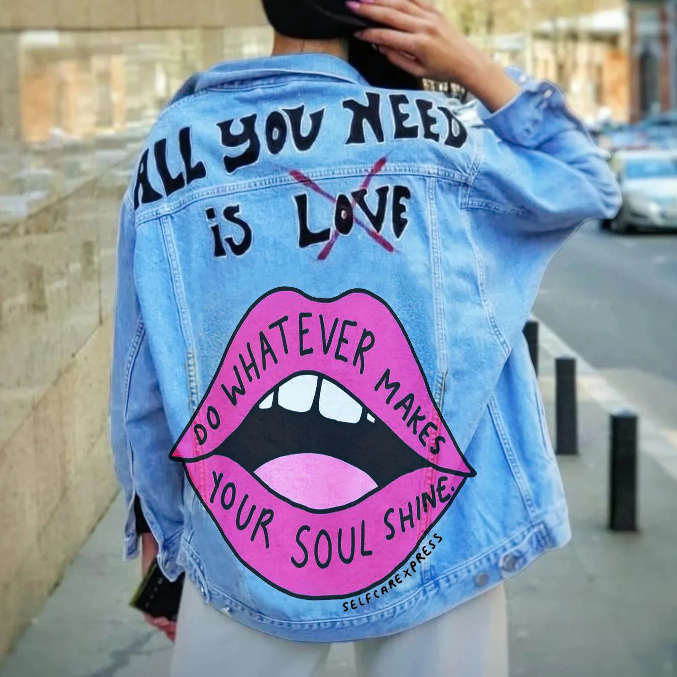 Harajuku Style Denim Jacket with Lip Letter Print