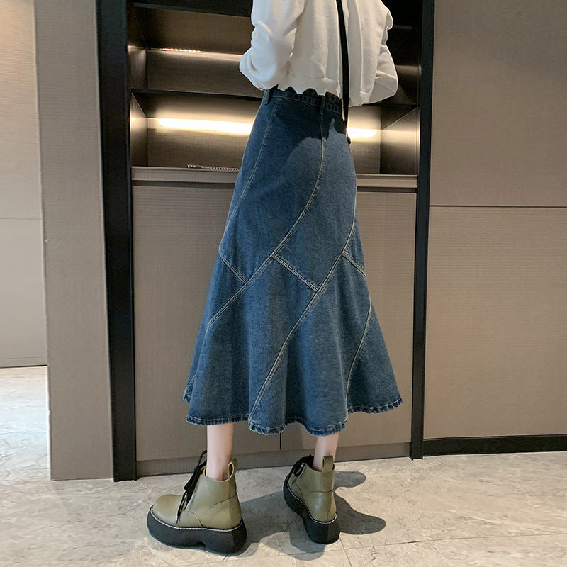 High Waist A-Line Loose Midi Denim Skirt for Women - Slimming, Hip-Hiding Style