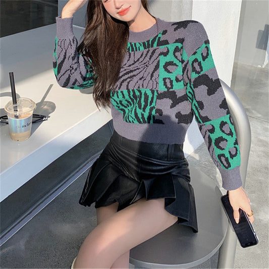 Vintage Leopard Print Knit Sweater for Women