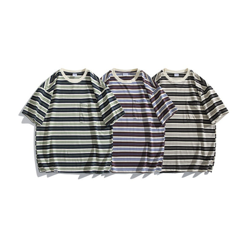 Harajuku Style Color Blocked Striped Half Sleeve Shirt