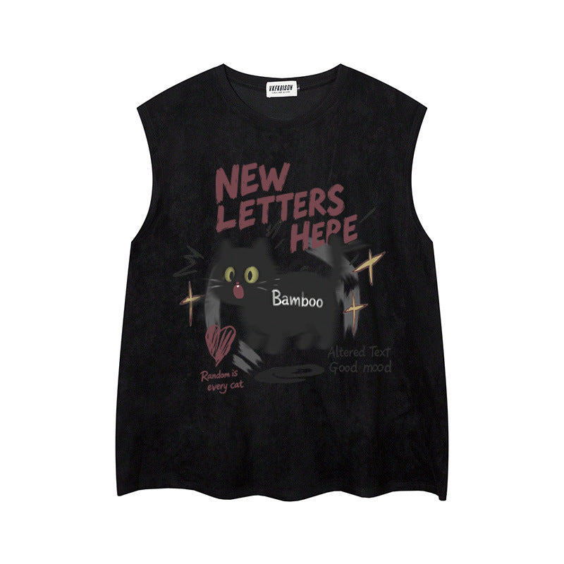 Shocking Black Cat Printed Tank Top — Harajuku Style Retro Loose-Fit Tank (Black, Pink, Apricot, Green)