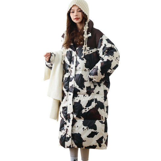 Harajuku Cow Print White Duck Down Coat for Women