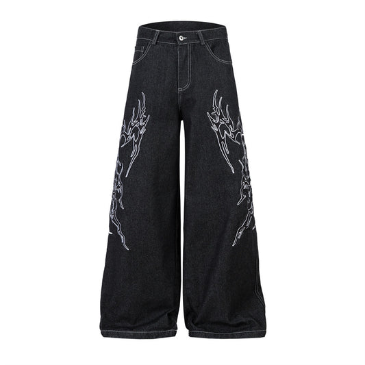 Harajuku Style Thorns Embroidery Wide Leg Denim Trousers