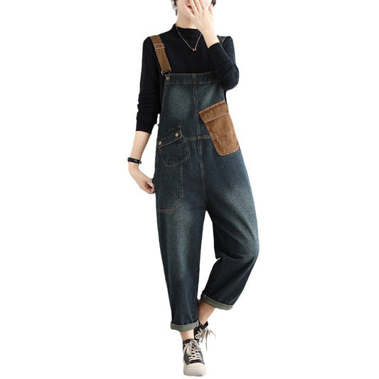 Color Blocked Oversized Denim Overalls Jumpsuit
