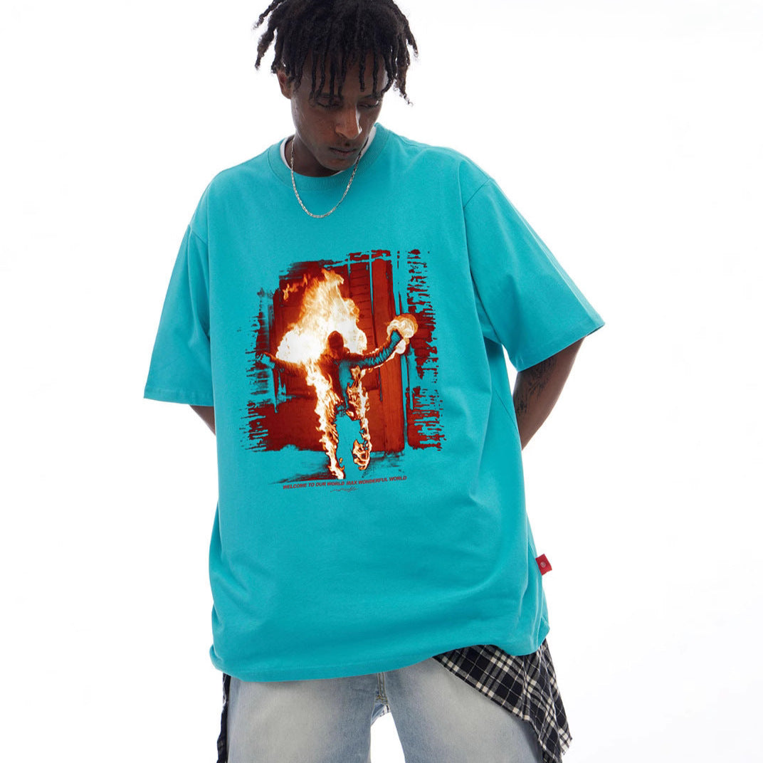 Flame Print Oversize Cotton T-Shirt for Men