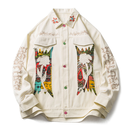 Harajuku Style Embroidered Flower Patch Denim Jacket for Men