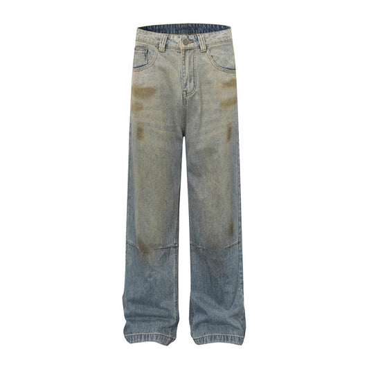 Men's Distressed Denim Pants with Paint Splatter
