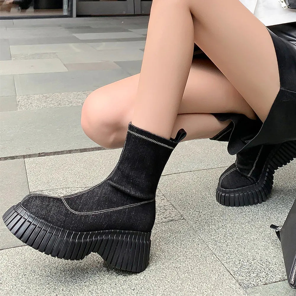 Fashion Platforms for Women - Stretch Short Boots - Genuine Leather Casual Ankle Boots - Round Toe Shoes