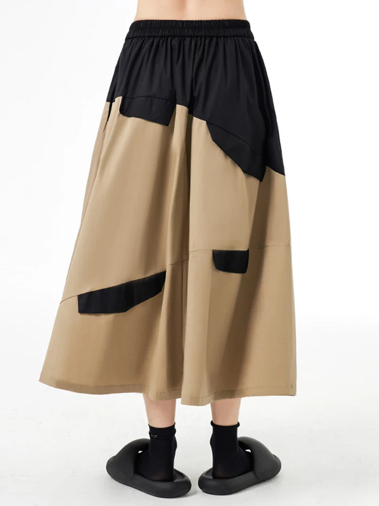 High Elastic Waist Khaki Color-block A-line Skirt for Women
