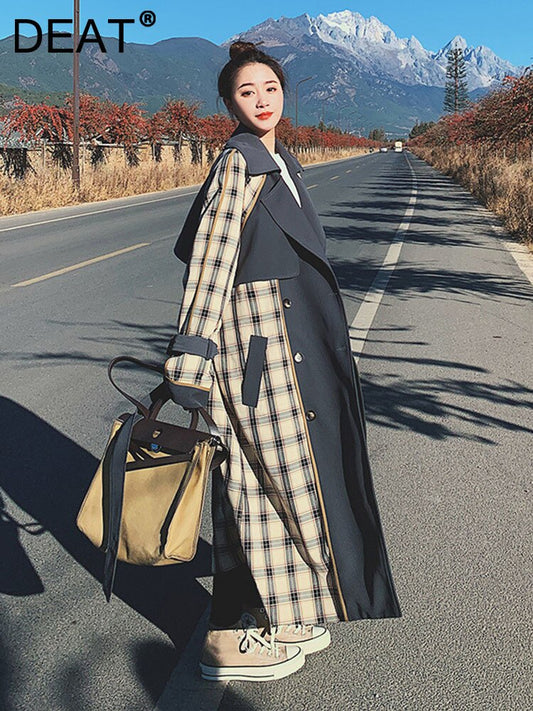 Retro Plaid Over The Knee Windbreaker Coat for Women