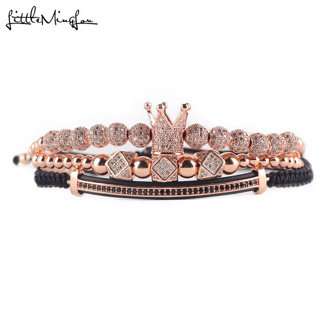 3pcs Luxury CZ Crown Charm Men’s Bracelets Set