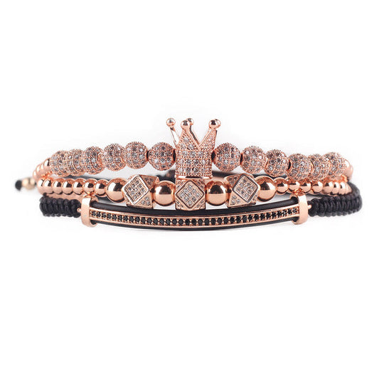 3pcs Luxury CZ Crown Charm Men’s Bracelets Set