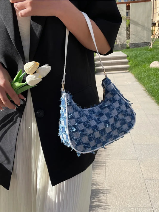 Checkered Raw Hem Denim Shoulder Bag