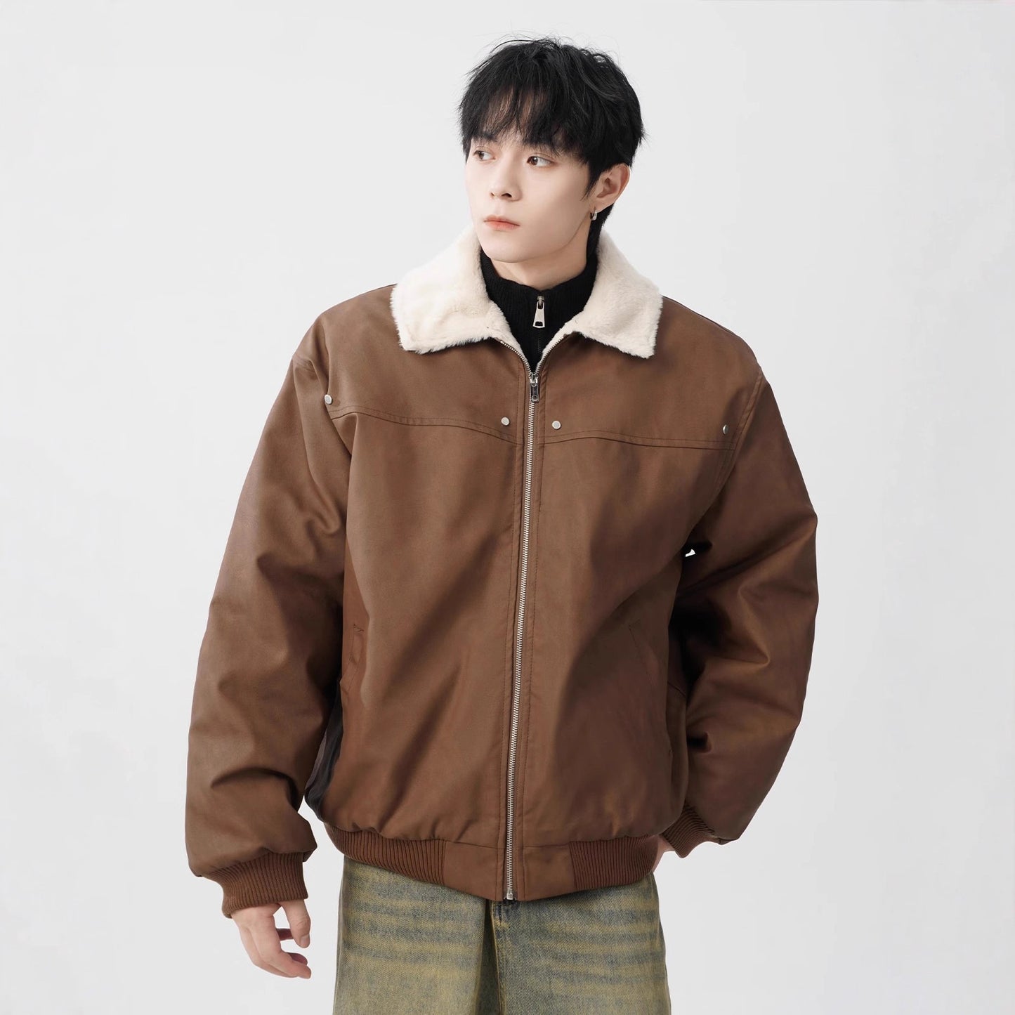 Leather Shearling Jacket - Thick and Warm Notch Lapel Coat