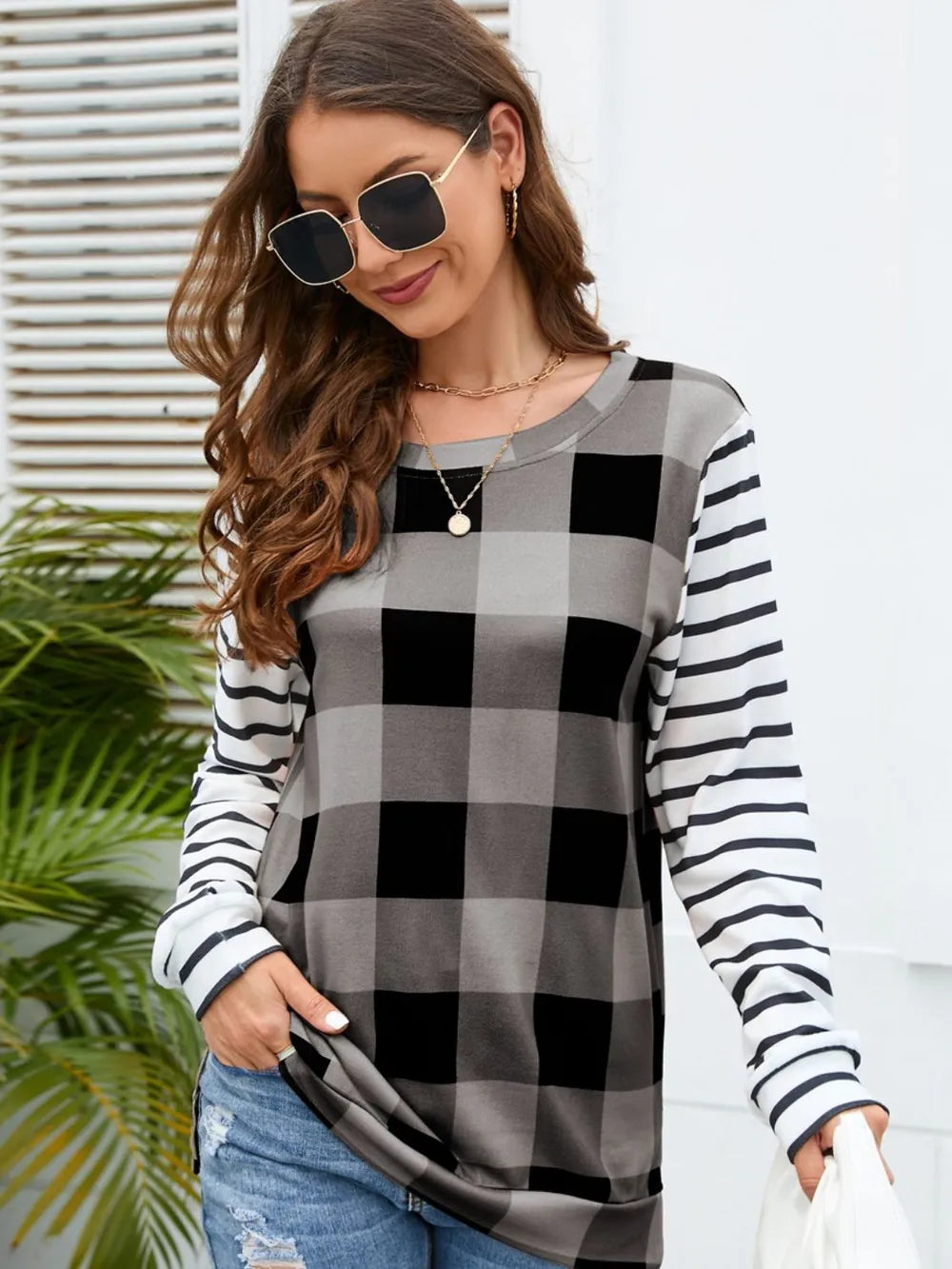 Harajuku Style Plaid Striped Round Neck Long Sleeve T-Shirt