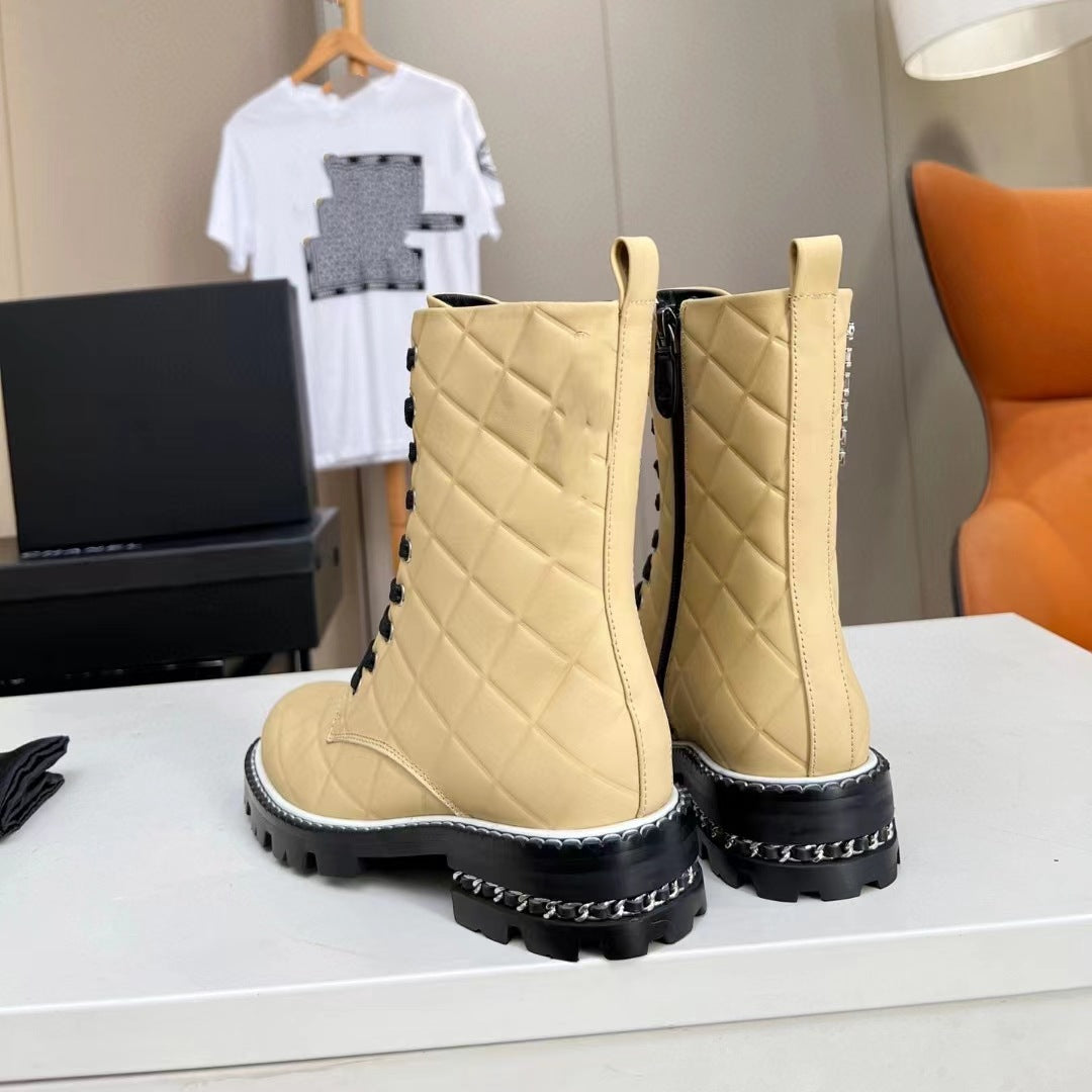 Harajuku Style Real Leather Low Heel Boots in Silvery Yellow