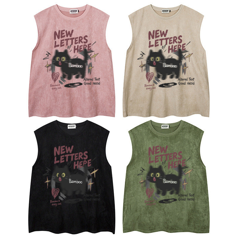 Shocking Black Cat Printed Tank Top — Harajuku Style Retro Loose-Fit Tank (Black, Pink, Apricot, Green)