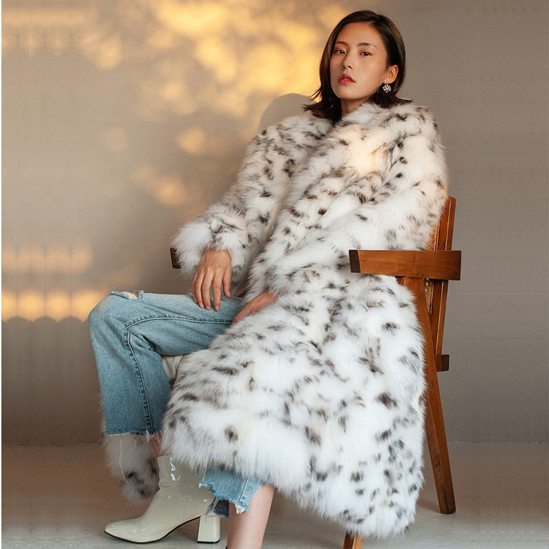 Harajuku Style Long Black Dot Leopard Print Fur Coat