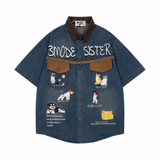 Retro Colorblock Cartoon Embroidery Denim Shirt - Unisex