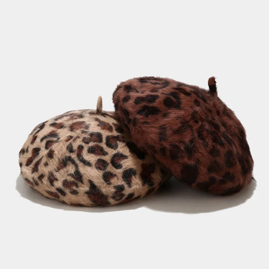 Leopard Print Rabbit Fur Beret - Playful Harajuku Hat