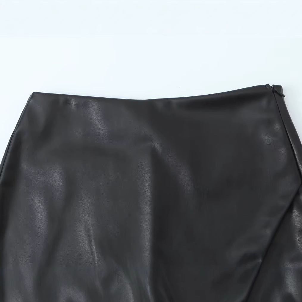 Simple and Versatile Solid Color Faux Leather High-Waisted Skirt Pants