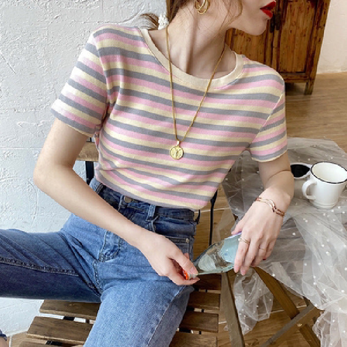 Stripe Short Sleeve T-Shirt for Women | Slim Fit Casual Tee