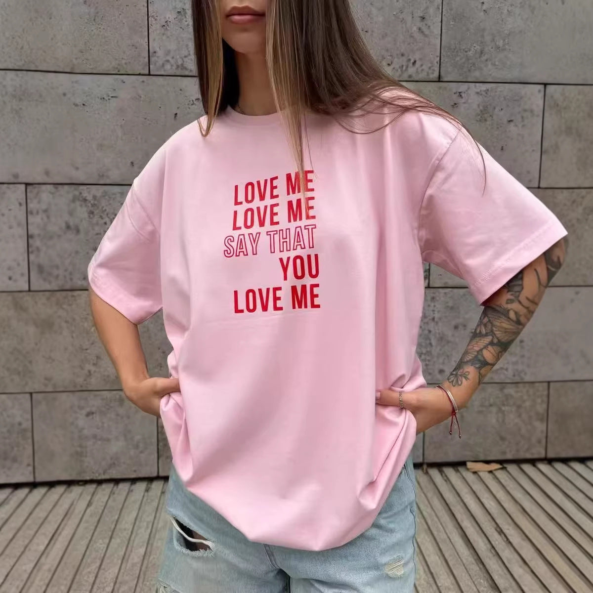 Harajuku Round Neck Short Sleeve T-Shirt for Women — Pink Cotton Loose Fit Harajuku Style