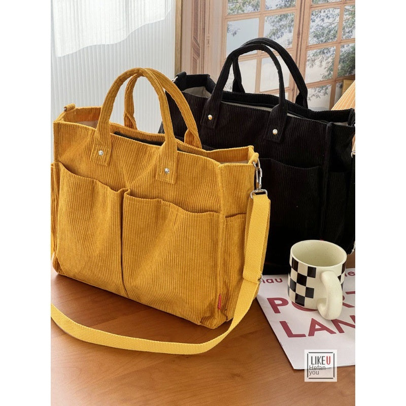 Autumn Winter Multi-Pocket Thick Corduroy Simple Commuter Tote Bag for Students, Casual Literary Handbag, Shoulder Bag