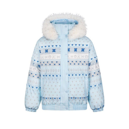 Love Digital Printed Woolen Collar Hooded Cotton Jacket